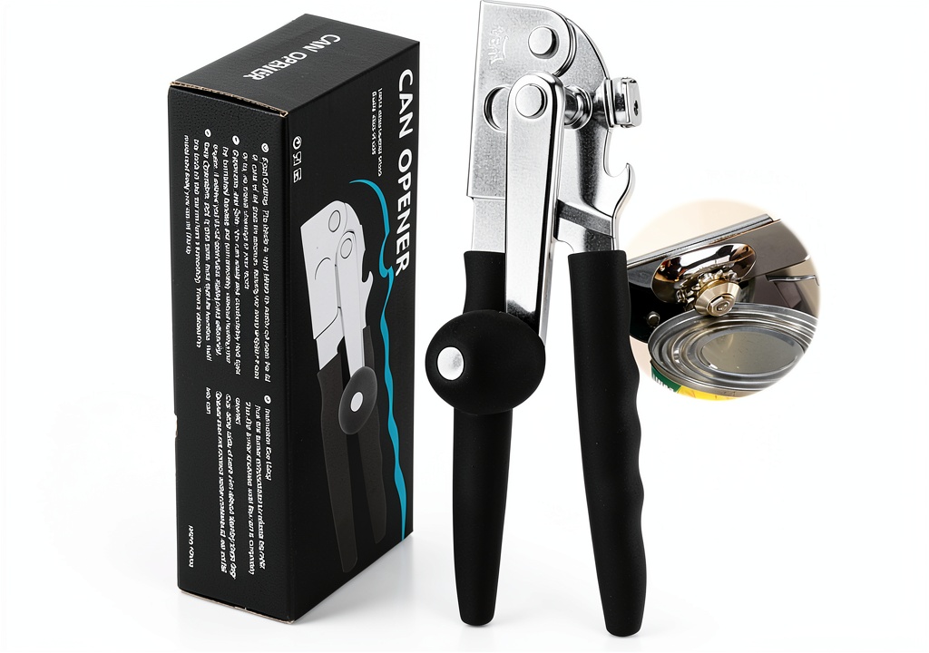 Installing Roryimke Manual Can Opener Stainless Steel Kitchen Tool on a wooden kitchen counter