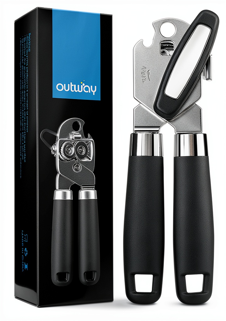 OUTWAY manual can opener mounted on a kitchen wall hook