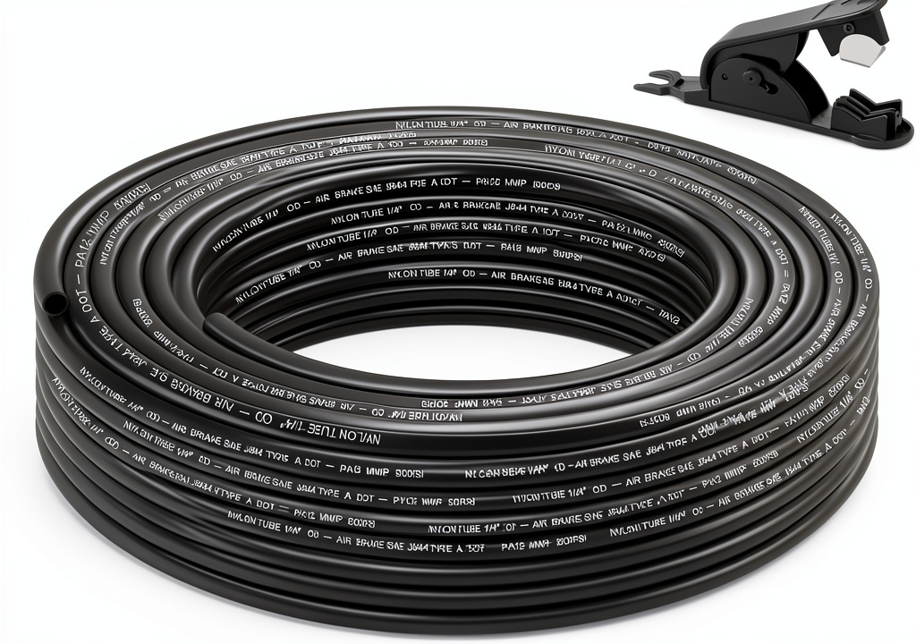 Close‑up of Boeray nylon air tubing coiled on a workbench