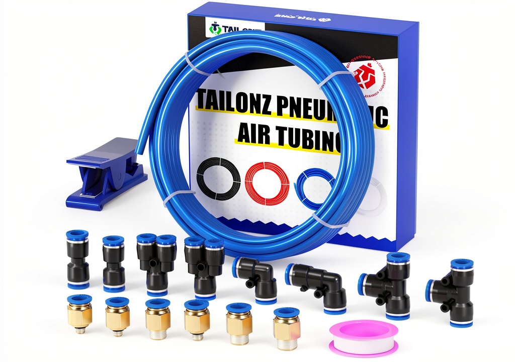 Installing Pneumatic Polyurethane Tube TAILONZ PNEUMATIC on a wooden bench with a portable air compressor